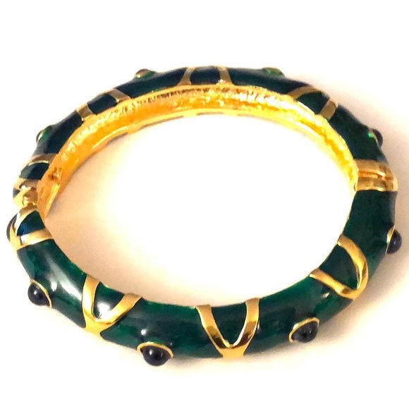 KENNETH JAY LANE, TWO TONE ENAMEL BANGLES-GREEN/BLUE CABOCHONS - Picture 1 of 9